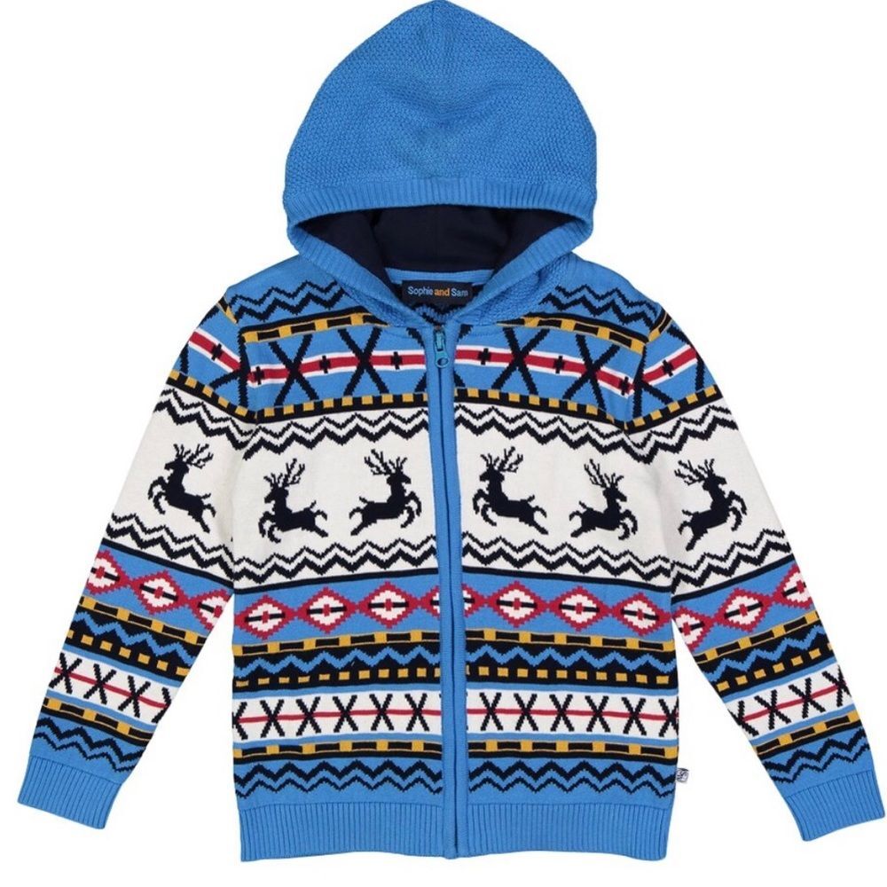 Blue fair isle deer zip-up hoodie size 4 unisex